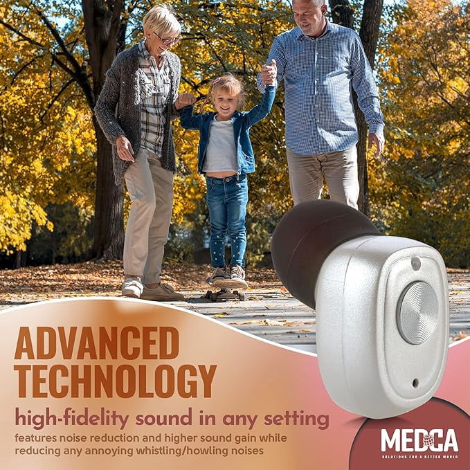 MEDca Rechargeable Hearing Amplifier Pair W/ Noise Cancelling, for Seniors & Adults - White
