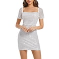thumbnail image 1 of Vestido de Manga Corta de Corte Bajo Lentejuelas Vestido Casual de Color Sólido 95% Poliéster 5% Spandex, Nuevo Top de Moda para Fiesta Y Uso Diario, 1 of 8
