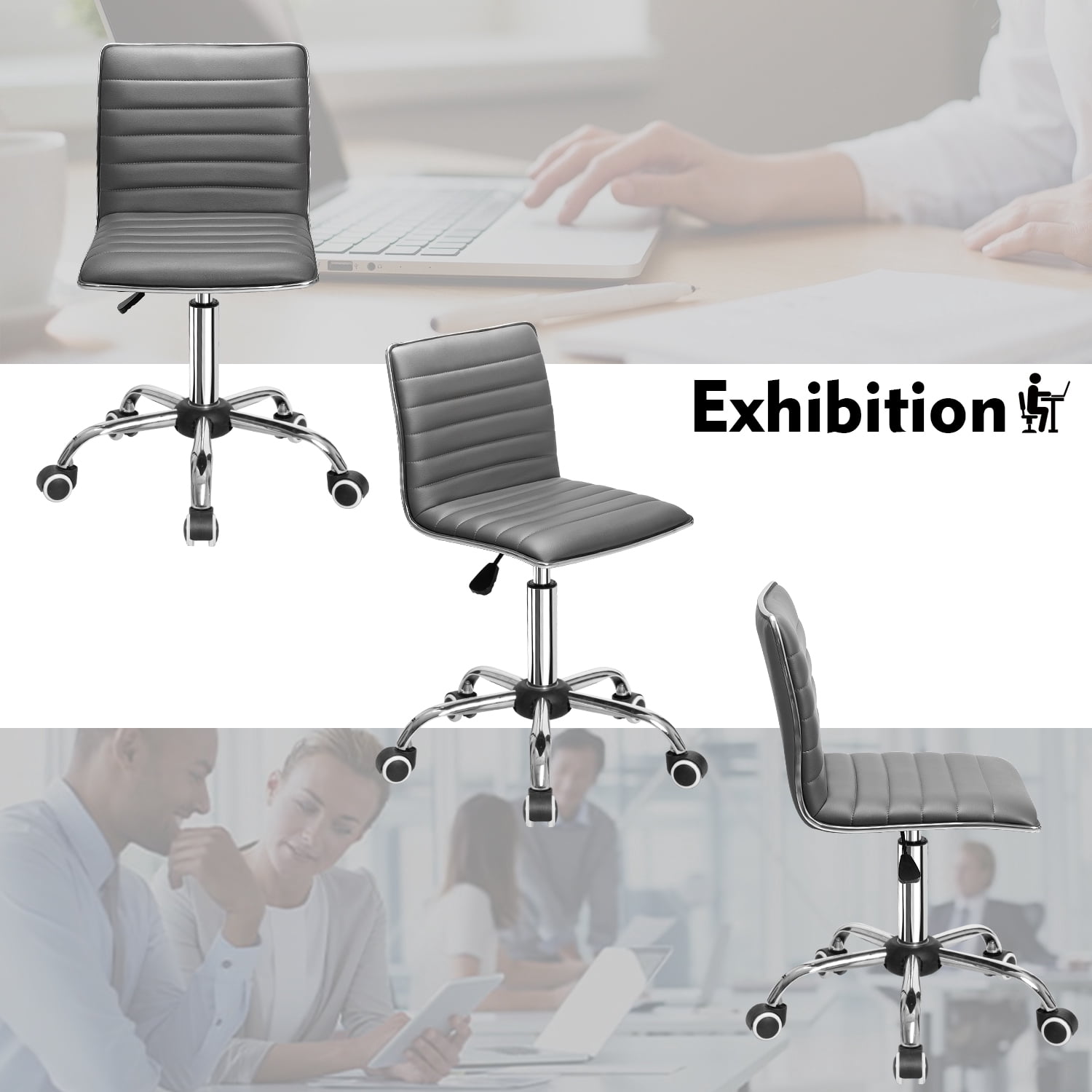 Furmax Leather Swivel Office Chair - Mid Back Vanity Chair for Makeup Desk, Armless Ribbed Task Chair with Ergonomic Support (Gray)