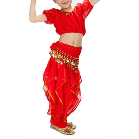 BellyLady Kid Belly Dance Halloween Costume, Harem Pants & Short Sleeve Top Set-Red-M
