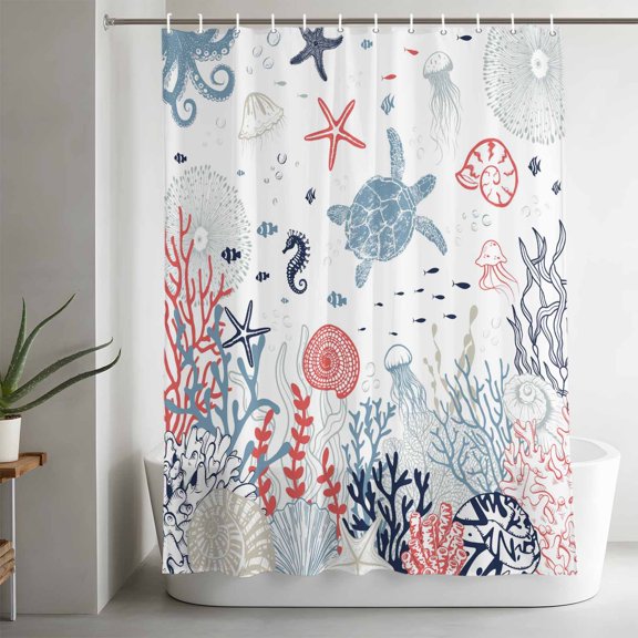 Shower Curtain,Summer Ocean Coral Turtle Conch Waterproof Fabric Bath Curtains with Hooks Nautical Gradient Washable Bathroom Shower Curtains for Home Hotel Decor,72x72 Inch