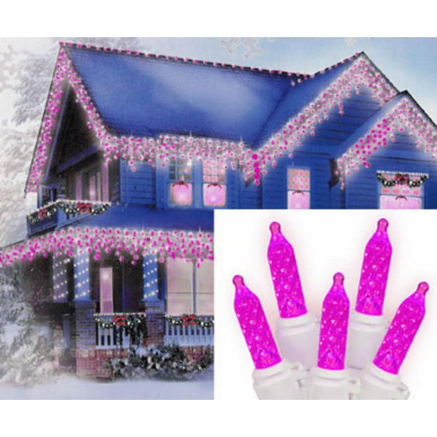 Set of 70 Hot Pink LED M5 Icicle Christmas Lights White Wire