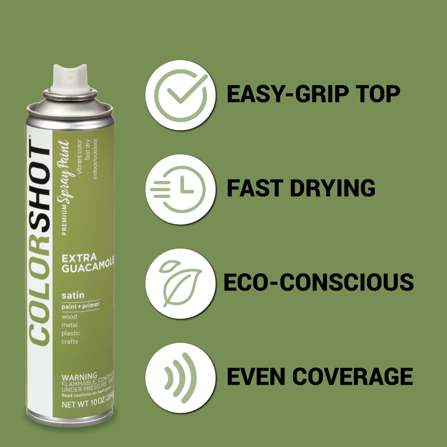 (2 pack) COLORSHOT Premium Multi-Surface Satin Extra Guacamole Spray Paint - 10 oz - Olive
