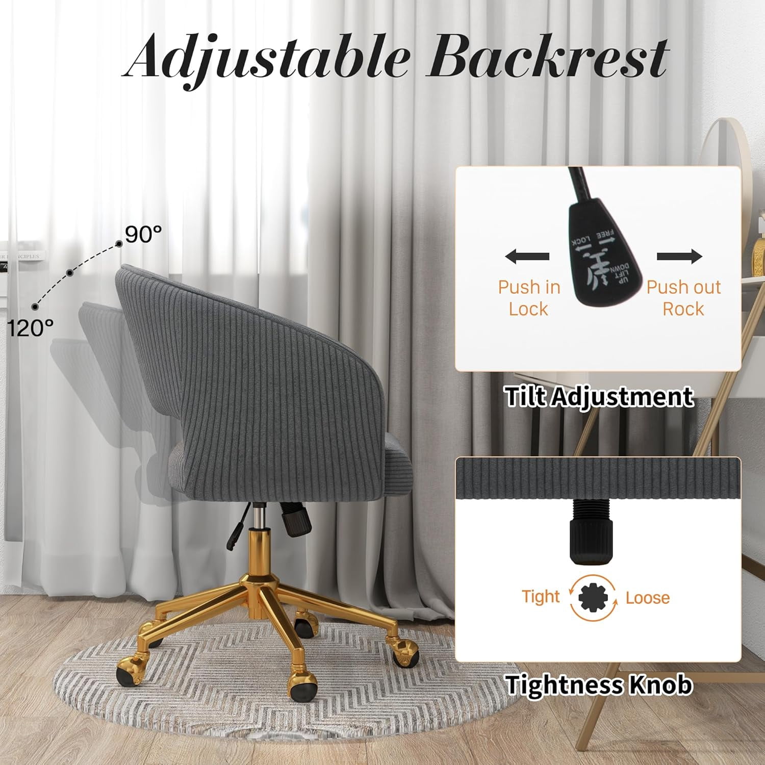 Home Office Swivel Desk Chair, Modern Corduroy Desk Chair, Height Adjustable Armchair with Gold Base, Ergonomic Office Chair for Living Room Vanity Study Computer Room, Gray
