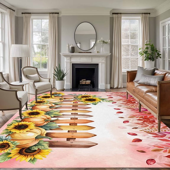 Area Rug for Living Room, Pink Pumpkin Sunflowers Fall Non-Slip Indoor Large Carpet for Bedroom/Dining Room, Thanksgiving Fence Eucalyptus Washable Low-Profile Rectangle Floor Runner Rugs - 5 x 8 Ft