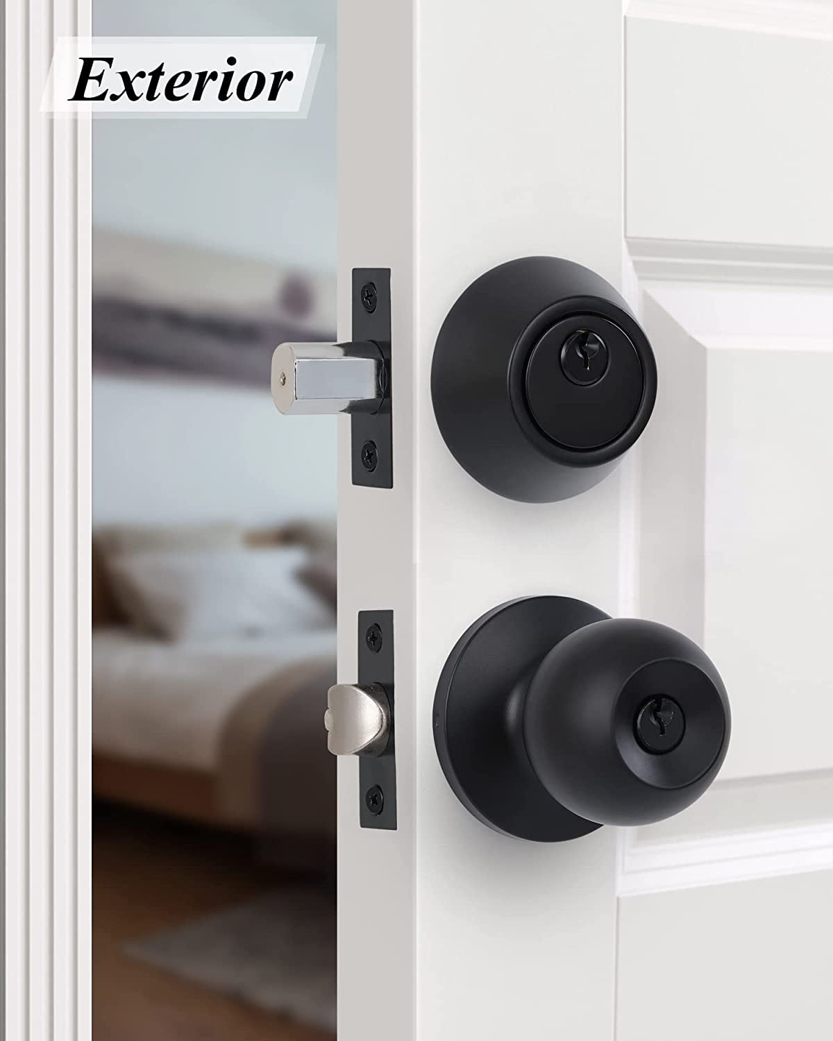 (4 Sets) All Keyed Same Entry Knobs&Single Cylinder Deadbolt for Exterior Front Doors, Round Ball Matte Black Finish Entry Door Lock with Same Keys