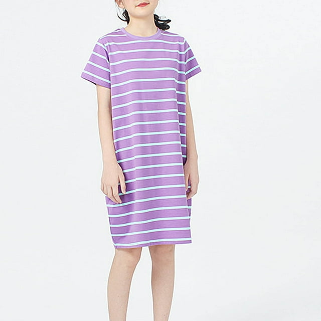 Robe pour Enfants Robe d'Été pour Filles Robe pour Enfants Tricotée à Rayures à Manches Courtes Chemise de Nuit Robe pour Filles