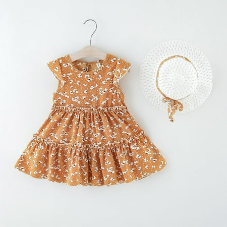 

THE WILD Girls Dresses Cute Ruffled Flowers Print O-Neck Short Sleeve Mini Girls Dresses Khaki