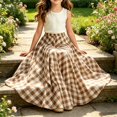 thumbnail image 6 of Classic Gingham Check Tiered Girls Maxi Skirt, Wide Flowy Swing Elastic Waist Long Skirt for Kids Weekend Casual Shopping Trips Khaki 140, 6 of 7