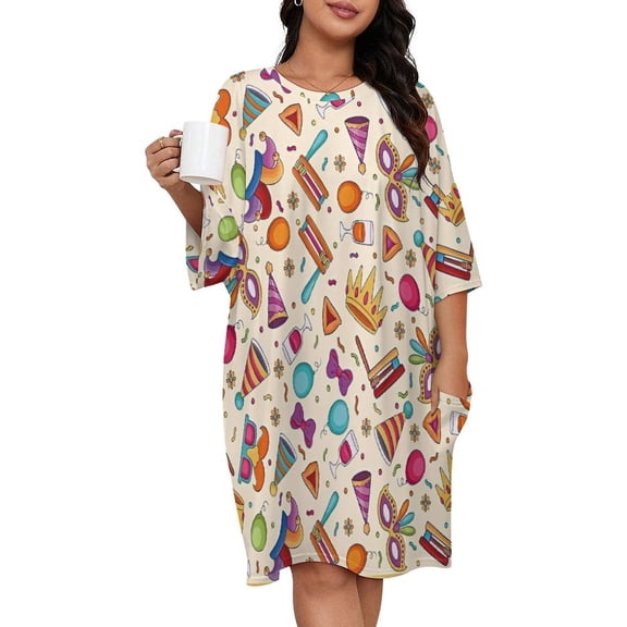 Birthday Party Colorful Doodle Icons Sleepshirts For Sleeping Travels Loose Sleepdress Pajama Dress Soft Nightdress Sleepwear