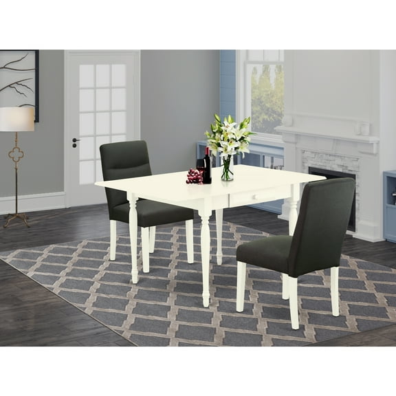 Cottage Dining Table Set - 3 Piece Table & Chairs - White Finish, Grey Fabric
