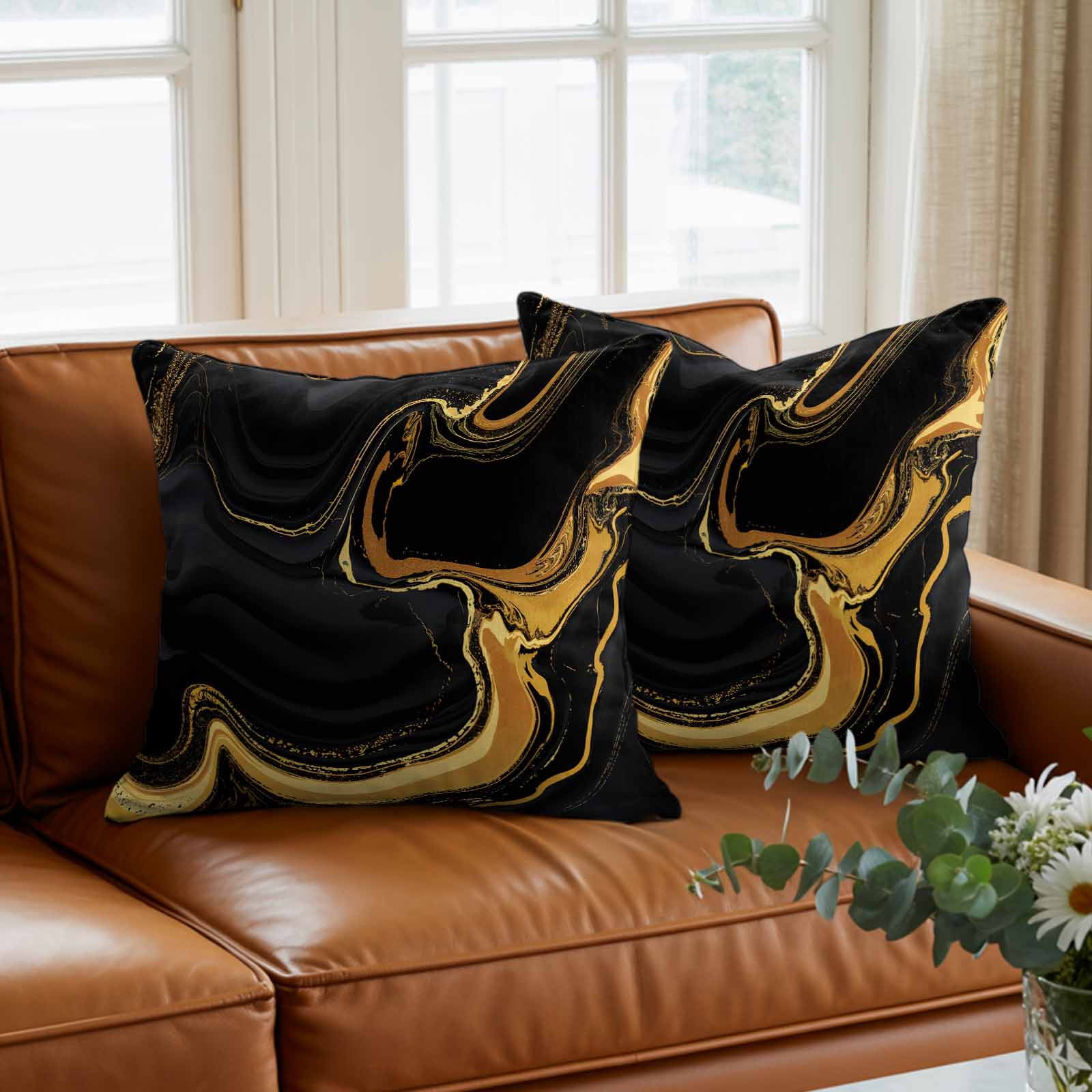 Pillow Covers 26x26 Inch, Marble Black Linen Pillowcase with Invisible Zipper, Vintage Gold Art Abstract Farmhouse Decorative Throw Pillow Covers Cushion Case for Couch Sofa Bed Living Room