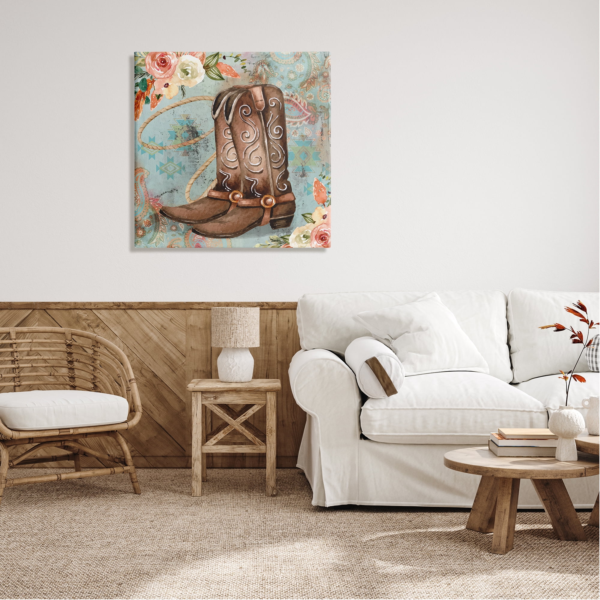 Stupell Cowboy Boots Western Paisley Florals Botanical & Floral Painting Gallery Wrapped Canvas Print Wall Art