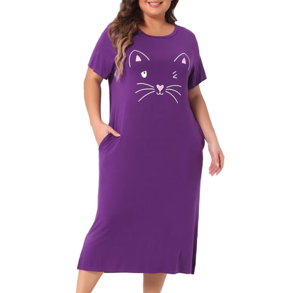DARING DIVA Women's Plus Nightgown Short Sleeve Cat Print Nightshirt 1X Dark Purple