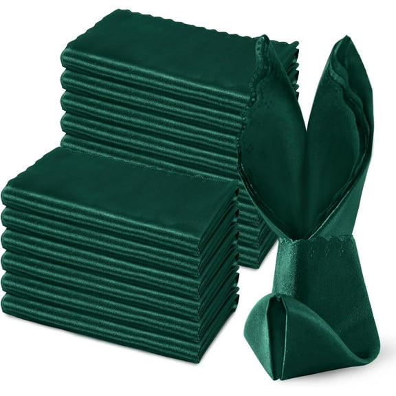 30 Pack Dark Green Satin Napkins 20 x 20 Inch Cloth Napkins, Scalloped Square Dinner Napkins Silky Table Napkins Satin Wedding Napkins Bulk for Restaurant Banquet Graduation Party Decoration Dark