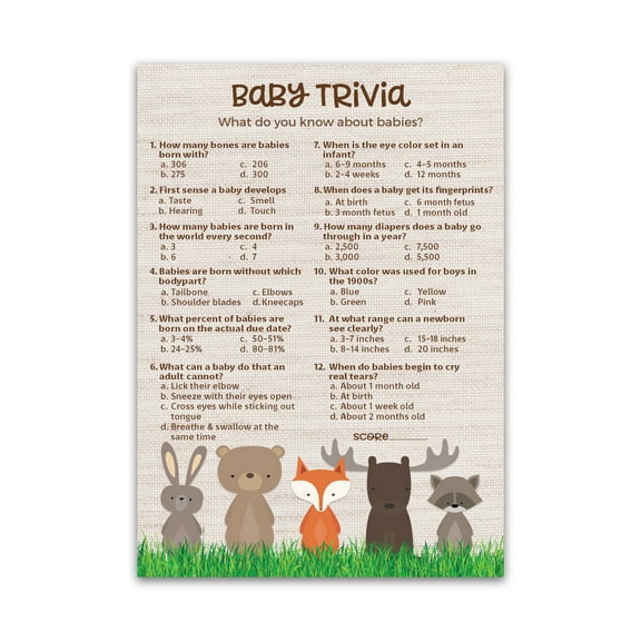 WOODLAND ANIMALS Baby Shower Game — BABY TRIVIA Game — Pack of 25 — Country Rustic GENDER NEUTRAL Baby Shower Games, FALL Outdoors Baby Shower Games, Fun Baby Facts Game Baby Shower Activity G601-TRV