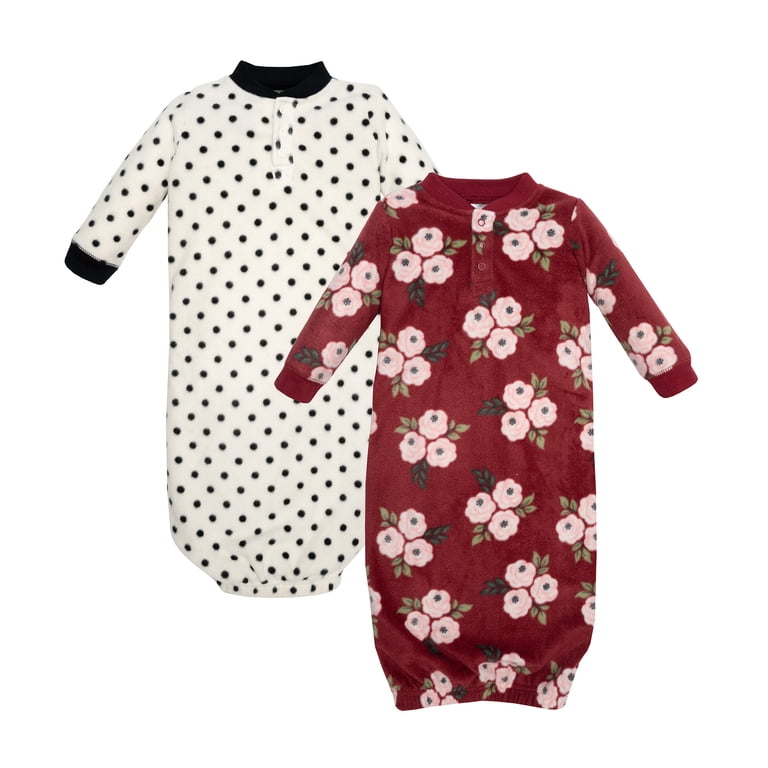 Hudson Baby Infant Girl Fleece Gowns, Burgundy Floral, 2-Pack photo 1