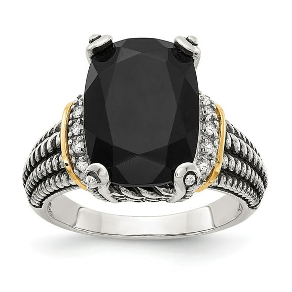 14K Two-Tone Gold Ring Band with Stones Yellow Onyx Cushion Diamond Round