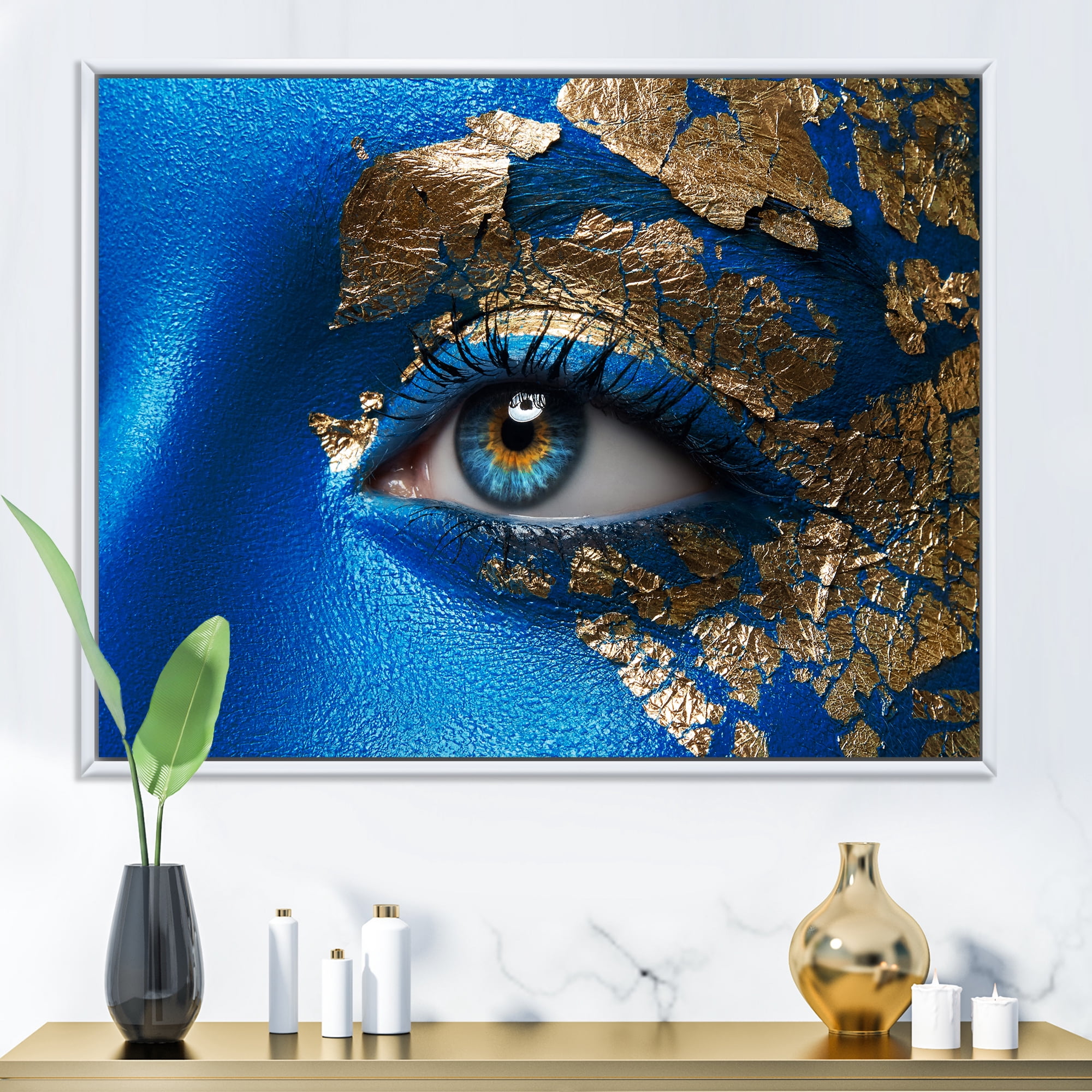 Portrait of A Young Woman Model With Blue Make-Up 32 in x 24 in Framed Photography Canvas Art Print, by Designart