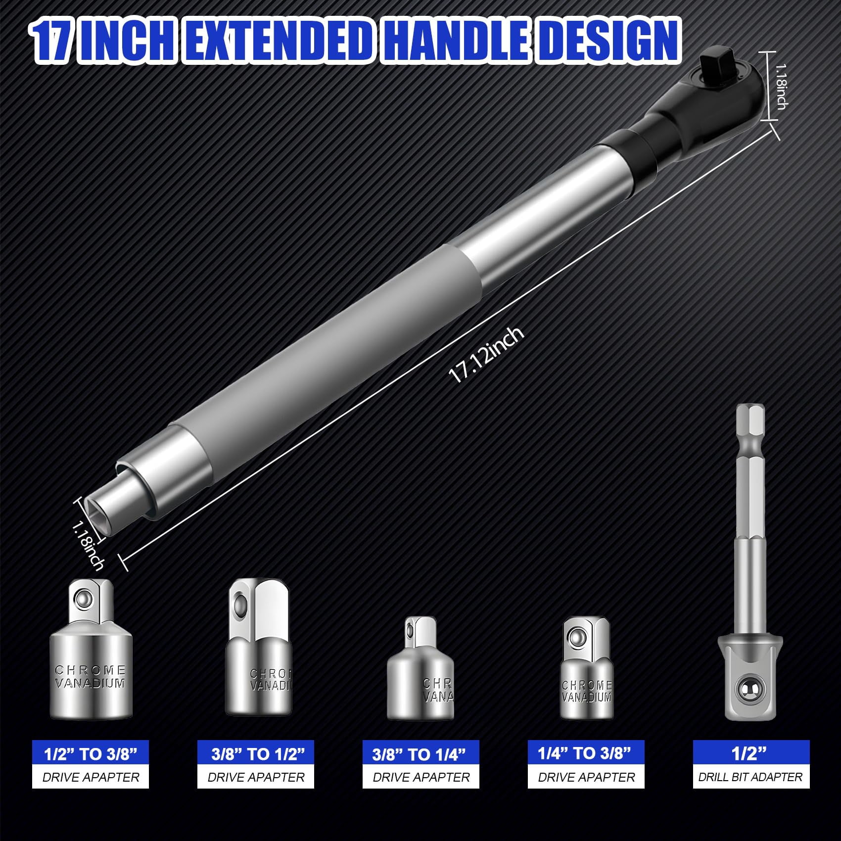 Hardvoro 1/2 Heavy Duty Offset Extension, for Electric Drill with 3/8" & 1/4" Adapters set, Impact Ratchet Extender for Tight Spaces