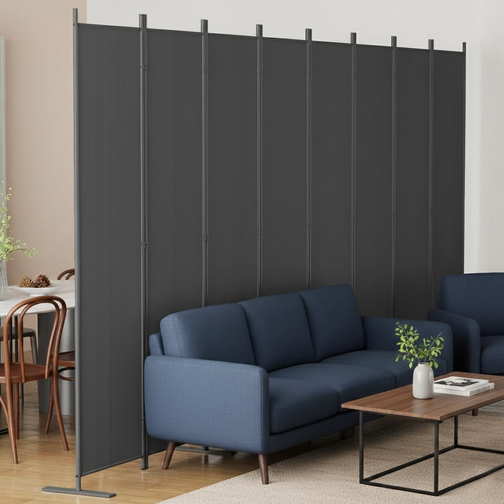 Room Divider 8-Panel 159W x 71H, Folding Privacy Screen with Heavy-Duty Metal Frame and Polyester Fabric, Portable Freestanding Partition for Bedroom Office Living Room, Black Gray