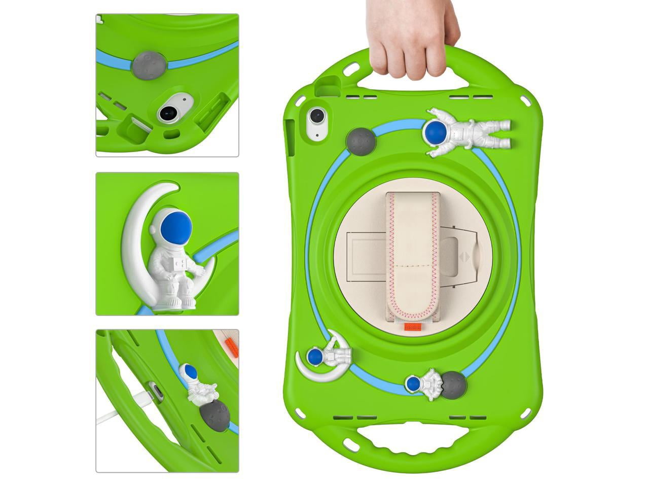 Cute Case for Apple iPad 10th Generation 10.9 inch 2022, Shockproof Silicone Astronaut Cover with Stand Shoulder Strap, Handle Grip, Pencil Holder Green