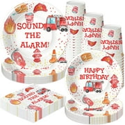 Fire Truck Birthday Party Supplies - Firetruck Firefighter Birthday Party Decorations Tableware Include 9" Fire Truck Party Plates, 7" Plate, Cups, Napkins, Fireman Party Supplies | Serve 48