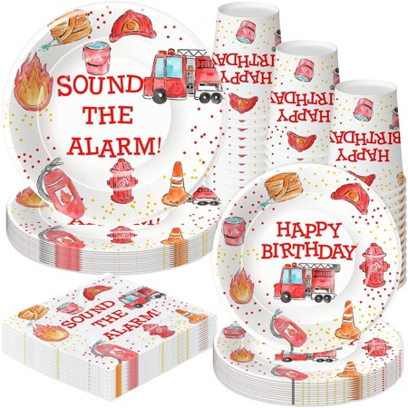 Fire Truck Birthday Party Supplies - Firetruck Firefighter Birthday Party Decorations Tableware Include 9" Fire Truck Party Plates, 7" Plate, Cups, Napkins, Fireman Party Supplies | Serve 48