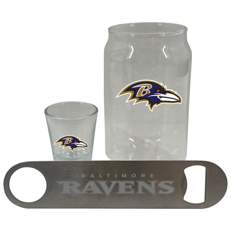 The Memory Company Baltimore Ravens Three-Pack Beer Glass 2oz. Shot Glass & Bottle Opener Set