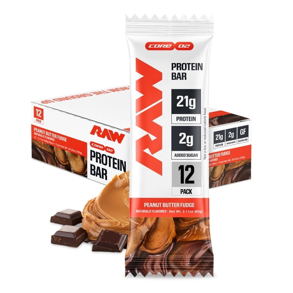 RAW Nutrition Protein Bar, 21g Protein, Peanut Butter Fudge, 12 Pack