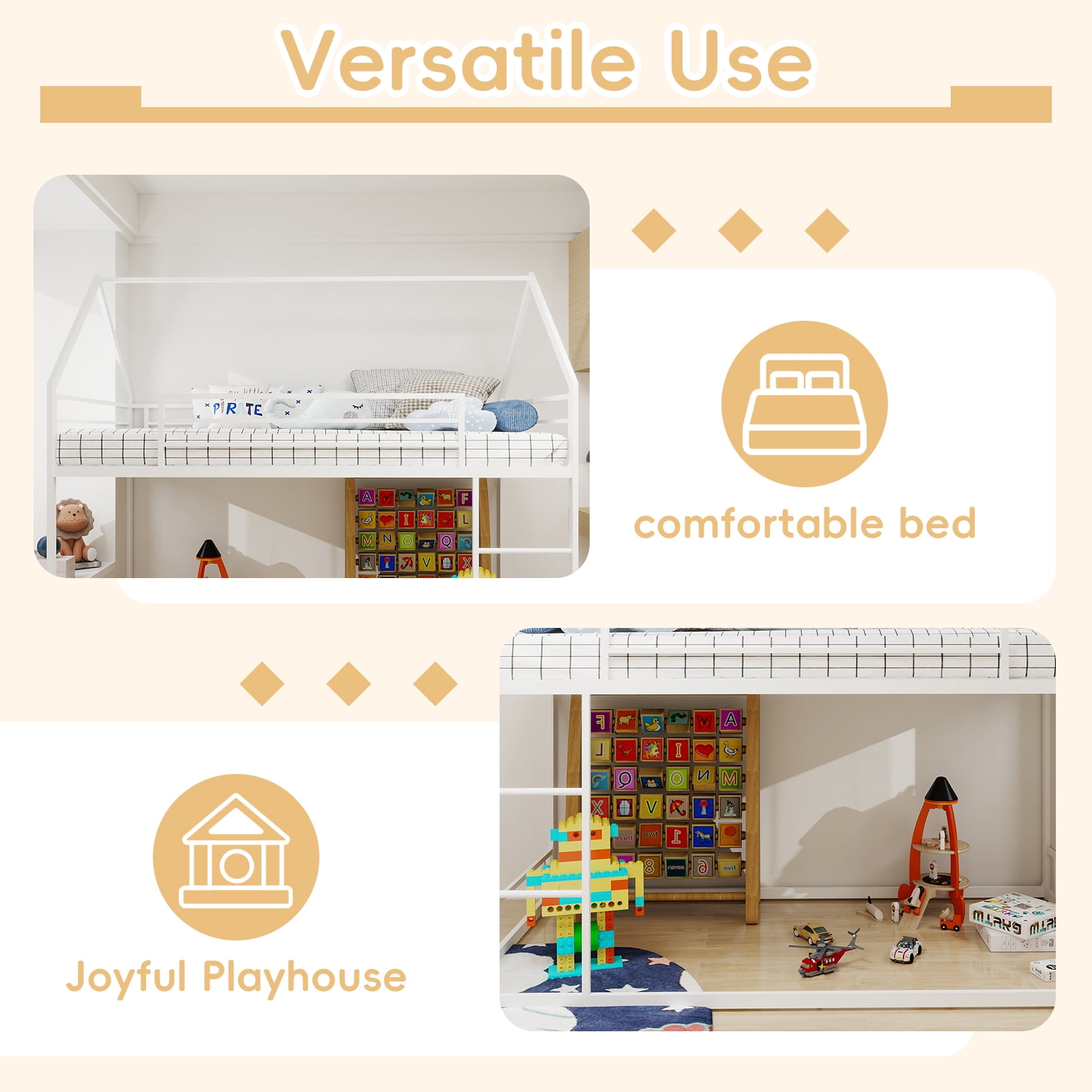 Miniyam Twin Size Metal Loft Bed with Safety Guardrails for Kids, White