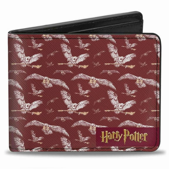 The Wizarding World of Harry Potter Wallet, Bifold, Harry Potter Hedwig Flying Poses Burgundy White Golds, Vegan Leather