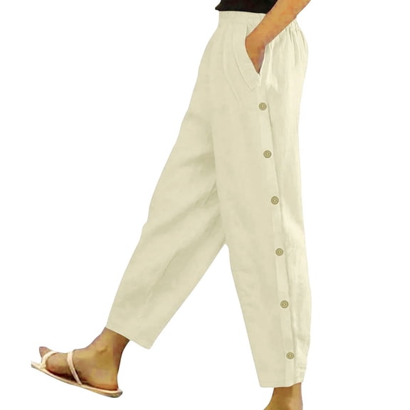 JUUNthy Womens Cropped Pants, Side Buttons Straight Leg with Pockets Spring Summer Trendy Casual Pants Beige L
