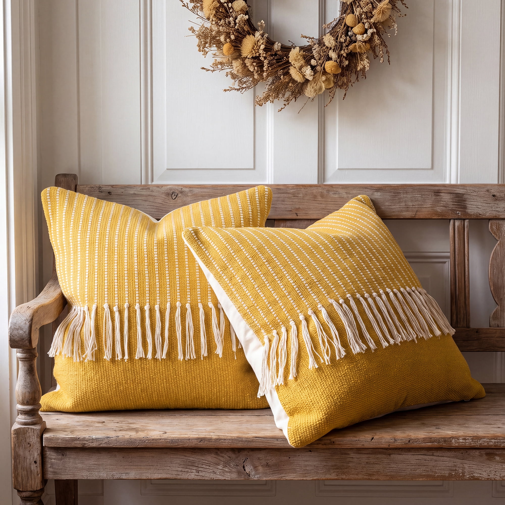 Unique Bargains Woven Striped Throw Pillow Cover Tassels Cushion Case Turmeric 18" x 18"