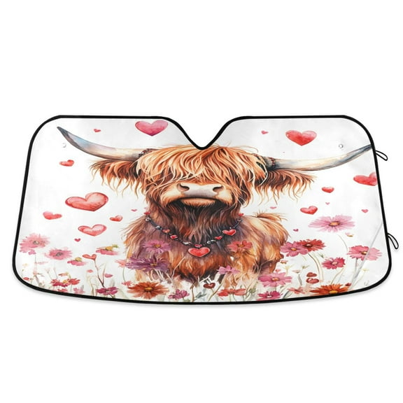 ALAZA Highland Cattle and Hearts Windshield Sun Shade Car Foldable Sun Visor Block UV Rays Protector 55"x27.6"