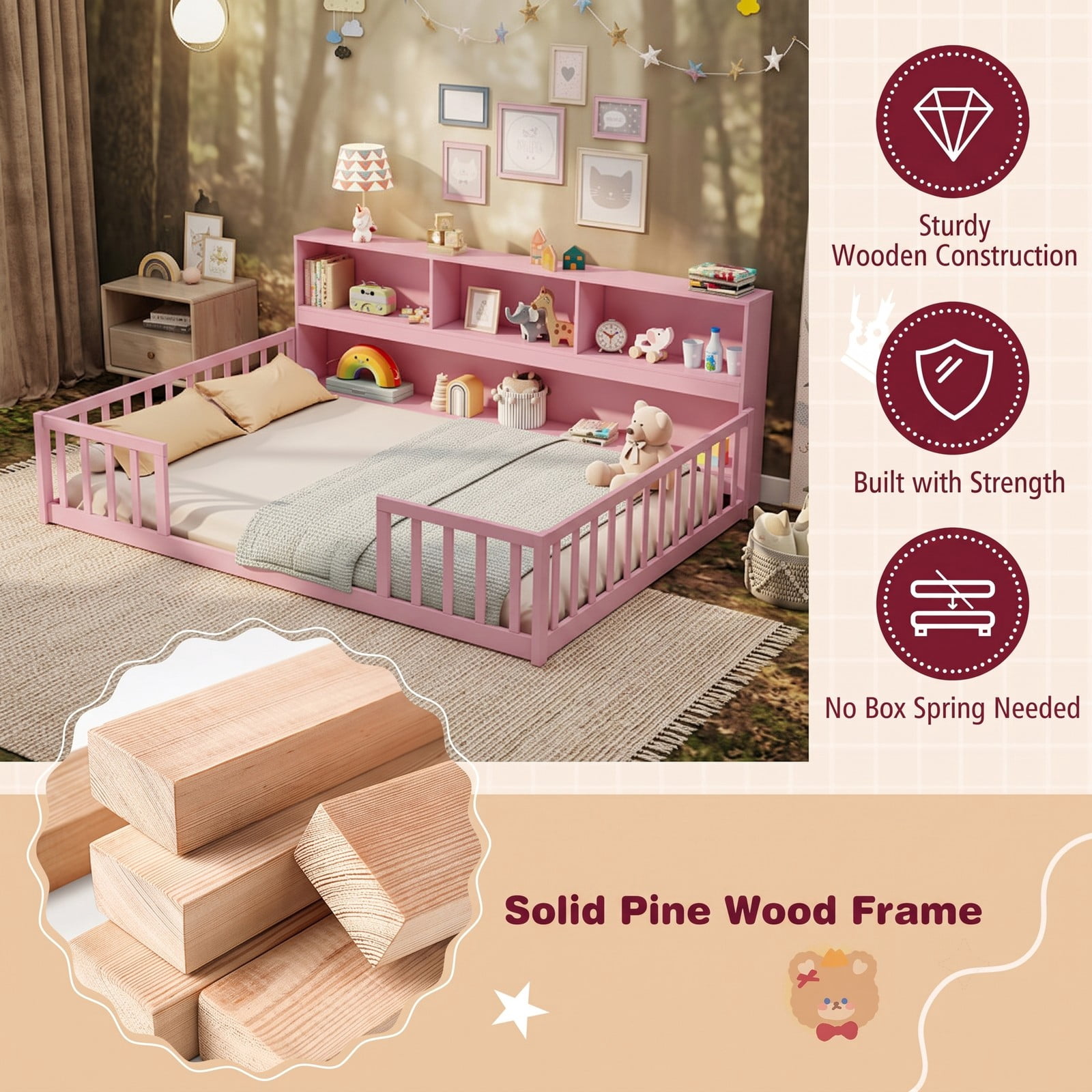 Furnibear Full Size Montessori Floor Bed Frame with Bookcase Headboard and Full Length Fence Rails, Full Bed Frame for Kids Bedroom, Pink
