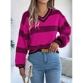 thumbnail image 2 of Womens Oversized Striped Tunic Sweaters Casual V Neck Long Sleeve Color Block Knit Pullover Jumper Tops Rose Red S, 2 of 8
