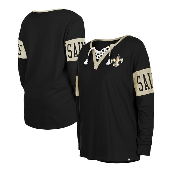 Women's New Era Black New Orleans Saints Lace-Up Notch Neck Long Sleeve T-Shirt