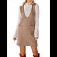 thumbnail image 3 of Vestido Corto de Punto Liso Sin Mangas con Cuello en V y Bolsillos para Mujer Caqui S, 3 of 10