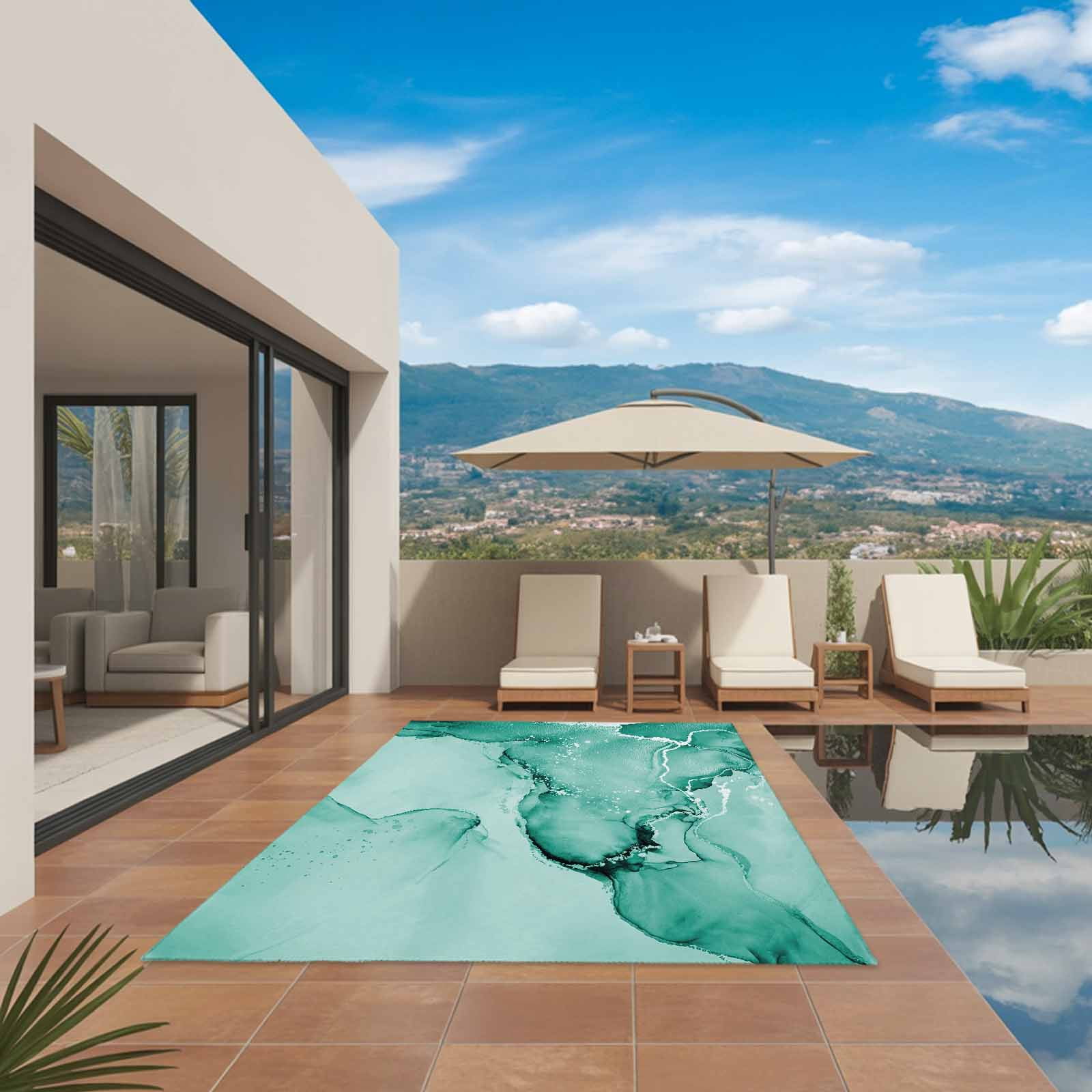 Outdoor Rug 5x8ft Turquoise Marble Large Area Rug Abstract Waves Cloud Indoor Outdoor Carpet Outdoor Rugs Mats for Patio Camping,RV,Front Door, Outside Decor