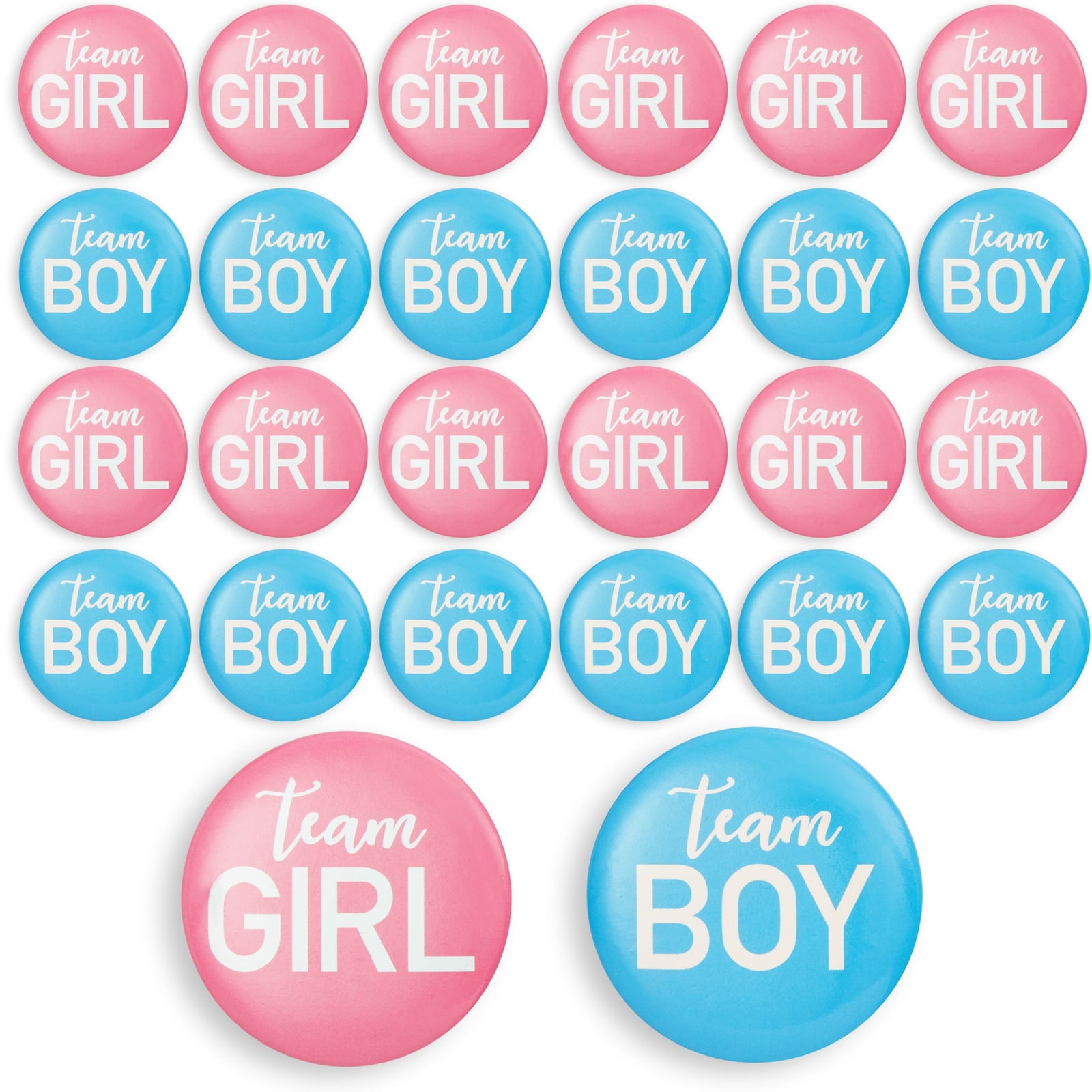 Gender Reveal Button Pins - 24-Pack Team Girl and Team Boy Pinback Badge Accessories, Baby Shower Supplies, Party Favors, 12 of Each Design, Pink and Blue, 2.2 inches