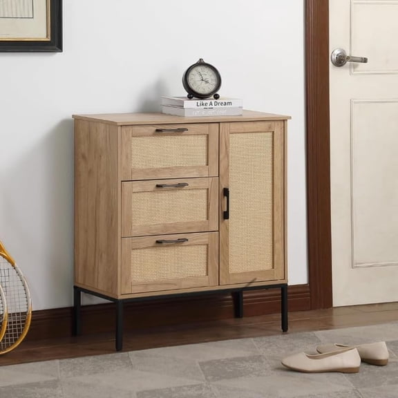 LJAN Storage Cabinet,Sideboard Buffet Cabinet with 3 Drawers&Rattan Doors Adjustable Shelf, Accent Coffee Bar Console Table for Kitchen,Living Room,Entryway,Easy to Install,Natural