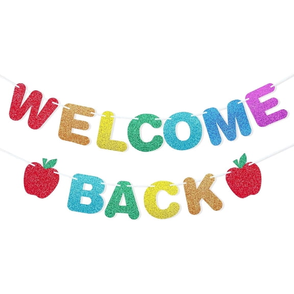 Glitter Welcome Back Banner Back to School Decorations for Classroom First Day of School Backdrop Home Office Decor School Party Supplies Indoor Outdoor Hanging Sign