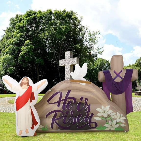 7.2 FT Long Easter Inflatables Outdoor Decorations He is Risen Inflatables Blow Up Yard Decorations with Cross LED Lighted Christian Jesus for Outdoor Holiday Yard Garden Lawn Party Decoration