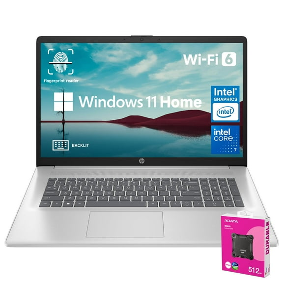 HP Essential 2025 Laptop, 17.3" FHD, CORE 7 (Beats i7 1355), 32GB RAM, 1TB SSD, FP Reader, Backlit KB, Webcam, Wi-Fi 6, Windows 11 Home, Silver, Bundle with ADATA 512GB External SSD