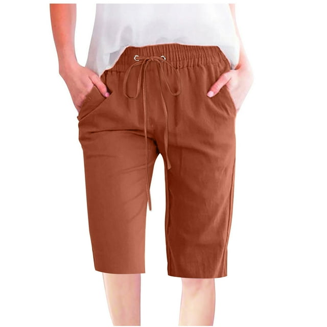 AherBiu Women's Plus Size Casual Drawstring Solid Color Loose Fitting Straight Leg Knee Length Lounge Shorts
