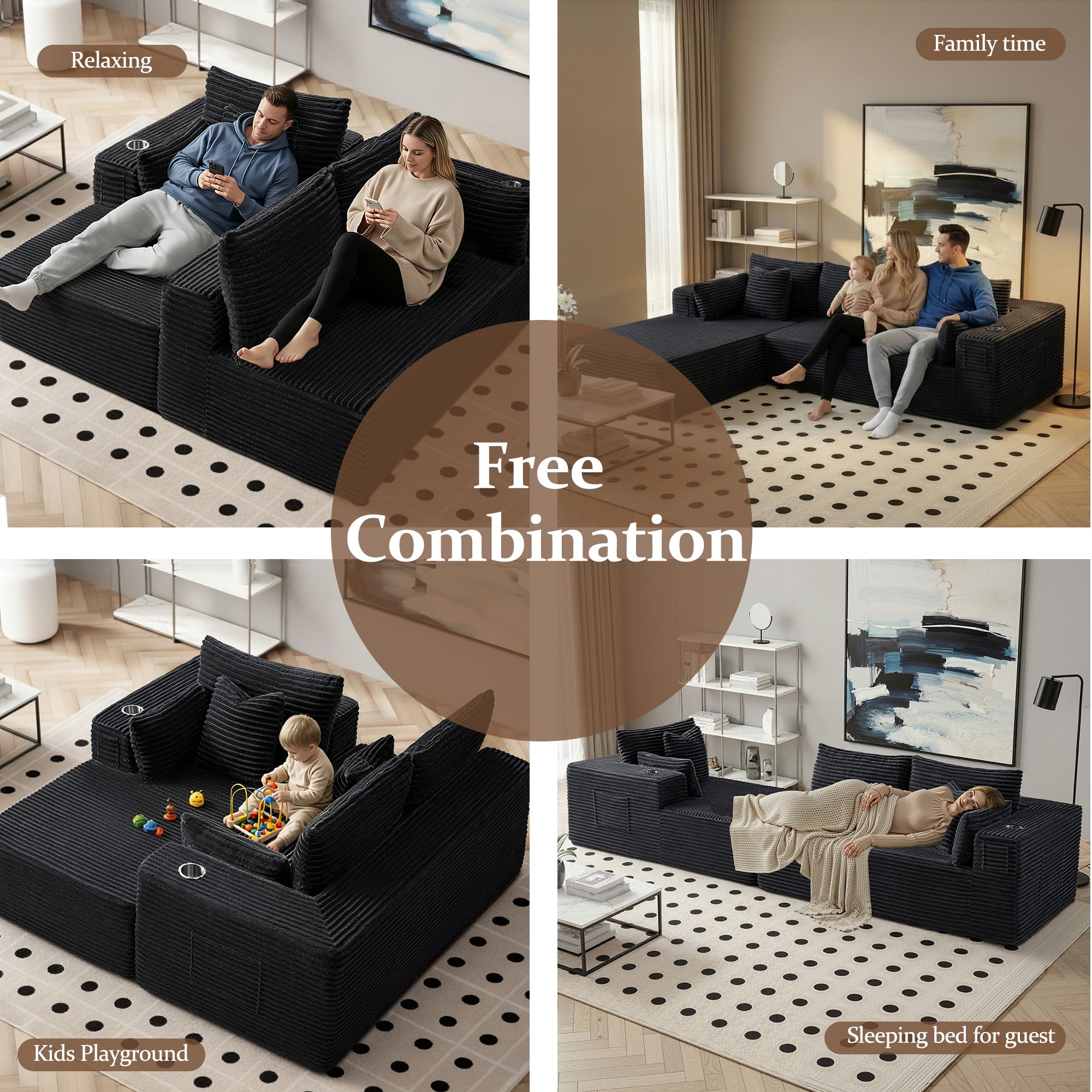 3 Seats Boneless Modular Cloud Sectional Sofa with Chaise & Ottoman, Extra-Wide Deep Seats Plush Corduroy Sleeper Soft Couch for Modern Living Rooms, Small Spaces & Apartments Black 108"-U Shape Left