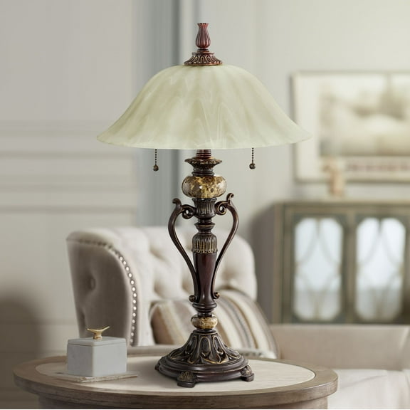 Kathy Ireland Amor Collection Glass Shade Table Lamp In Bronze