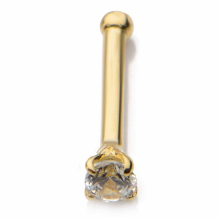 Body Art Body Jewelry 20 Gauge 14kt Gold Nose Bone with 2mm Prong Set Cubic Zirconia Gem
