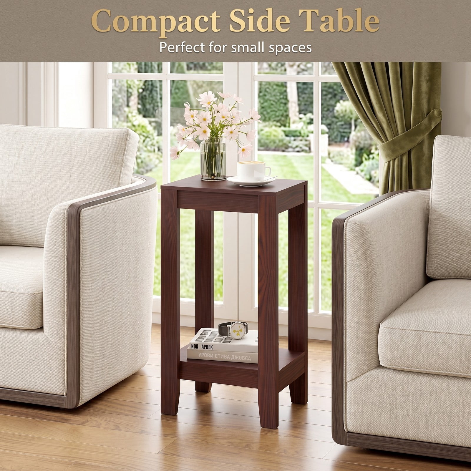 Furnibear Set of 2 2-Tier End Tables with Storage Shelf, Compact Wood Side Table Nightstand for Living Room Bedroom Small Spaces, Sofa Couch Bedside Accent, Brown